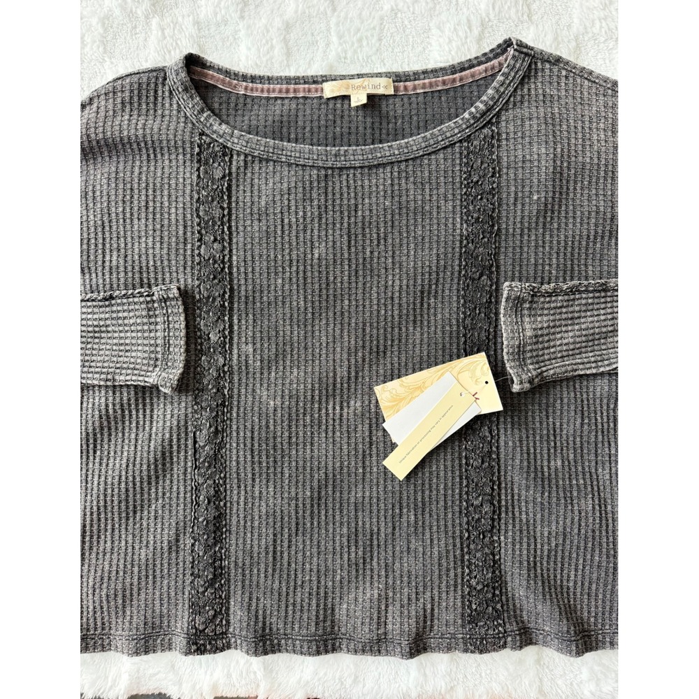 Rewind Waffle Knit Thermal Top Charcoal Lace Trimp Womens Large NWT